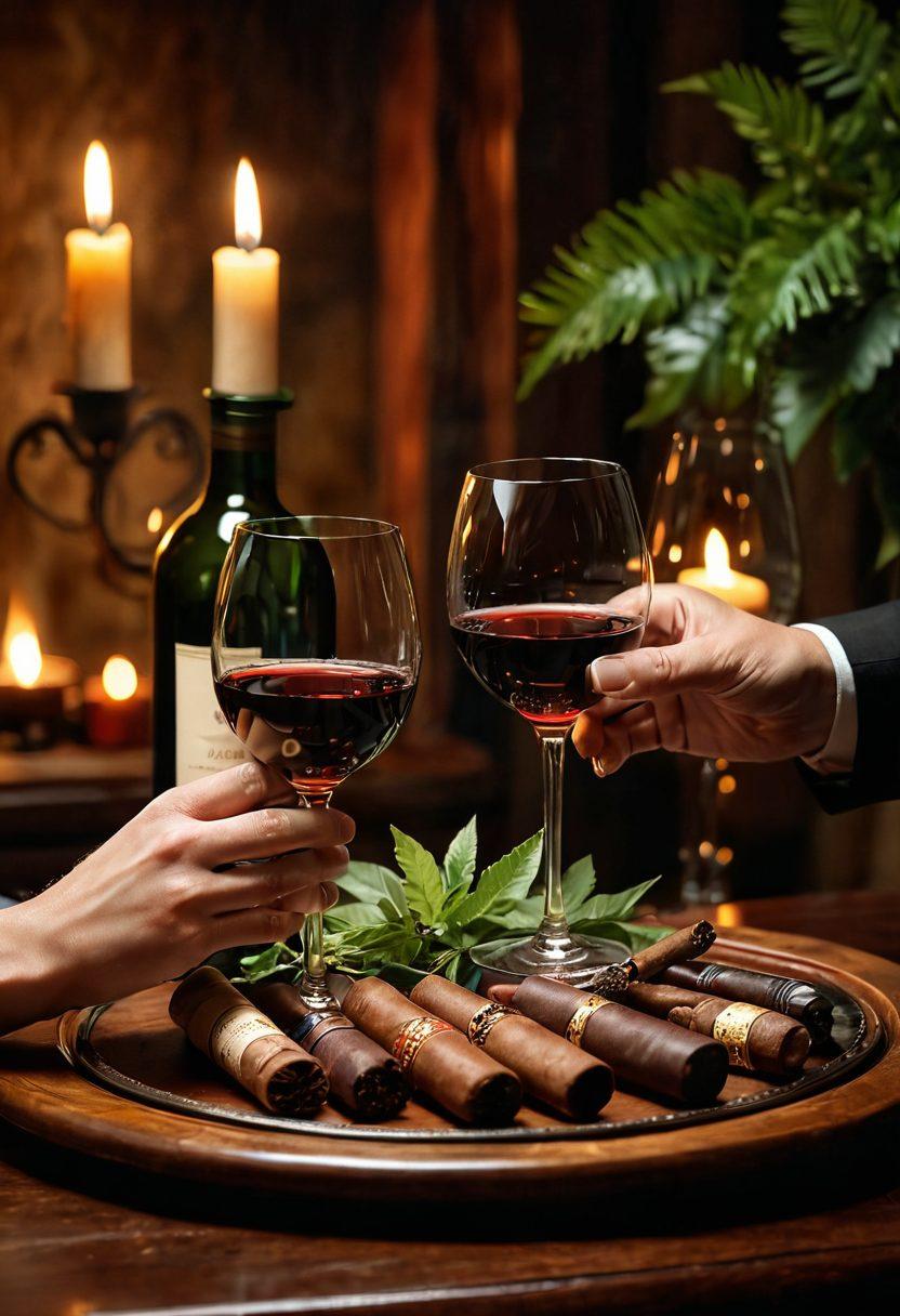 An elegant wooden table set with a luxurious cigar case and a selection of fine wine bottles, surrounded by glowing candlelight. A couple enjoys the moment while toasting with wine glasses, soft smoke rising from the cigars. Accents of lush dark green foliage in the background for ambiance. super-realistic. warm tones. soft focus.