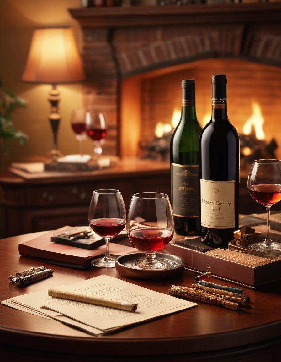 A sophisticated scene featuring a luxurious assortment of premium cigarettes elegantly displayed alongside fine wine bottles and glasses. The background should depict a cozy atmosphere, with soft lighting casting warm shadows, enhancing the opulence of the setting. Include delicate details like a tasting journal and an ashtray, suggesting a moment of indulgence and relaxation. super-realistic. warm tones. soft focus.