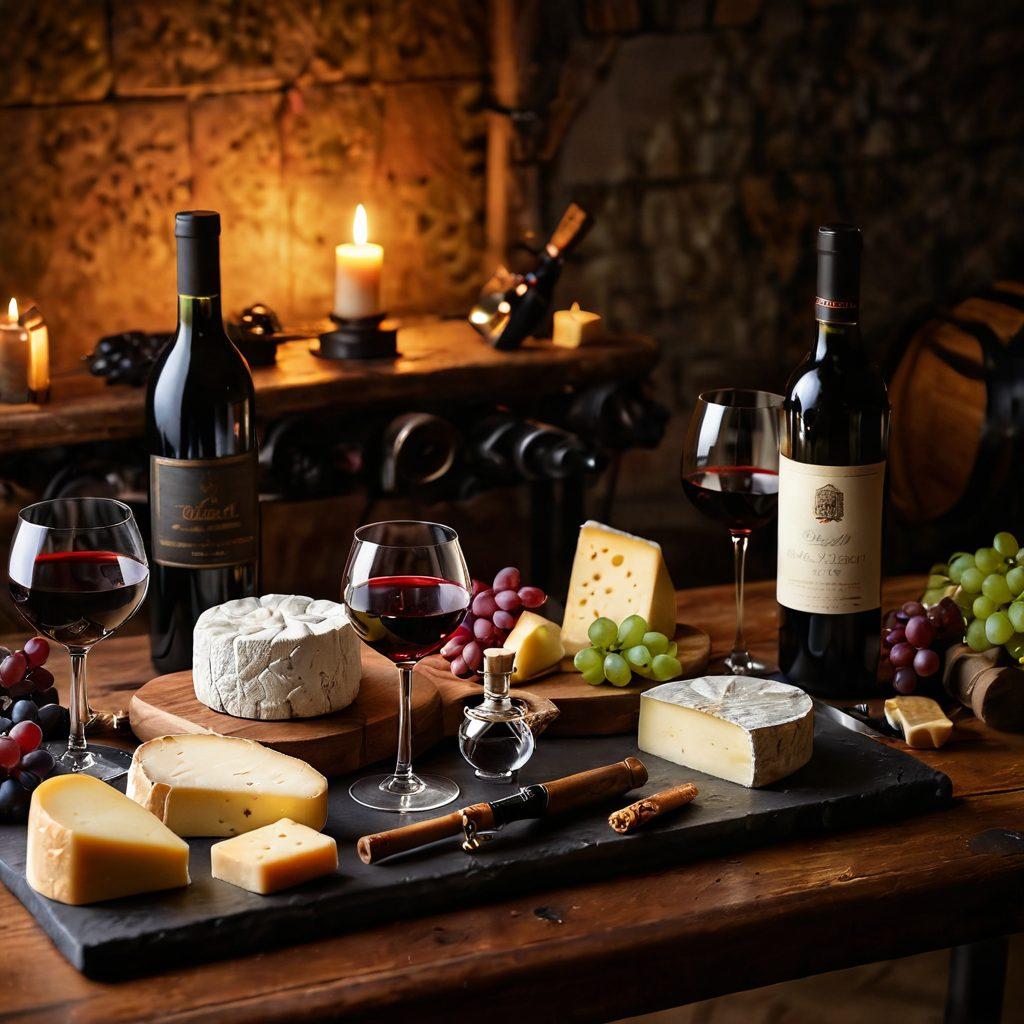A beautifully arranged table showcasing elegant smoking tools, such as a vintage pipe and a sleek vape, alongside an assortment of exquisite wine bottles and gourmet cheese. Soft candlelight adds warmth, while a backdrop of lush vineyards enhances the atmosphere. The scene conveys a sense of luxury and indulgence, inviting the viewer to explore the perfect pairings. super-realistic. vibrant colors. soft focus.